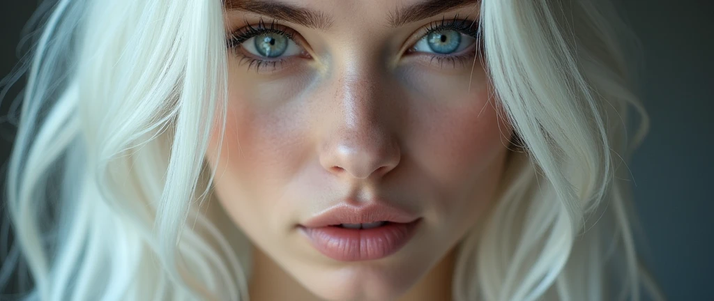 a beautiful white Russian woman, white hair, blue eyes, natural dark brown eyebrows, captivating expression, perfect skin, on market, ((fullbody)), big lips, wet hair, 16k, ultra quality, high definition, cinematic 85mm, far, photography realistic, ultra resolution,