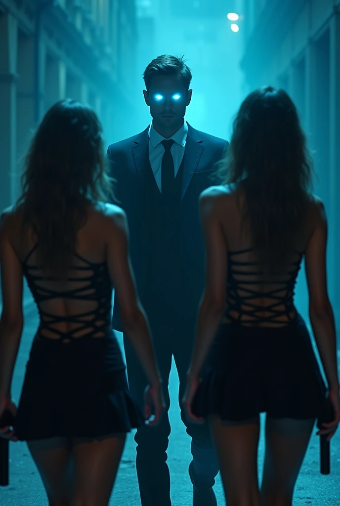 (A ( handsome man , black suit , Magical glowing blue eyes , fighting two beautiful girls they are wearing short mini black backless dress holding guns,they got Hypnotized when they see into his eyes ,thees eyes also start glowing like the man and
The girls Start following him like brainless dolls as if they are entranced ( zombie walk slowly moving style)