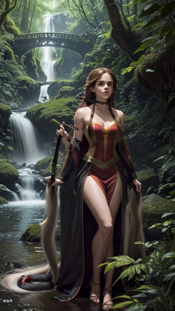 ((Emma Watson)) as Hermione Granger, (Big Breasts), happy holding magic stick
(((Sexy Red Slit Slave Dress))), (Long Hair:2.0), vividly detailed lush undergrowth, mystical creatures lurking in the shadows, sparkling fairy lights weaving through the foliage, a crystal-clear stream with water so pure it glows, cascading waterfall in the background with magical properties, fantasy wildlife drinking at the water's edge, highly detailed, photorealistic textures on every surface
