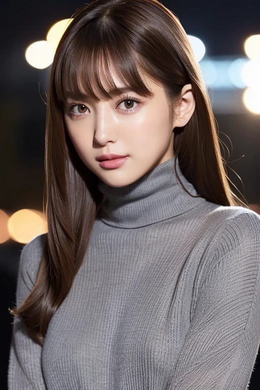 one 19 year old girl, (Dark gray turtleneck thin sweater), Raw photo, highest quality, photorealistic, very delicate and beautiful, very detailed, 8K wallpaper, High resolution, soft light, very detailed目と顔, beautifully detailed nose, detailed and beautiful eyes, cinematic lighting, night city lights, perfect anatomy, slender body, well-shaped chest, straight hair, smile, asymmetrical bangs, light brown hair