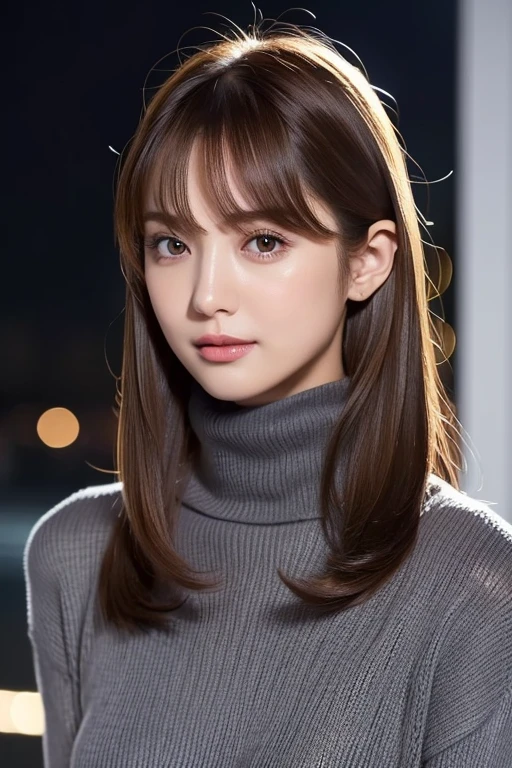 one 19 year old girl, (Dark gray turtleneck thin sweater), Raw photo, highest quality, photorealistic, very delicate and beautiful, very detailed, 8K wallpaper, High resolution, soft light, very detailed目と顔, beautifully detailed nose, detailed and beautiful eyes, cinematic lighting, night city lights, perfect anatomy, slender body, well-shaped chest, straight hair, smile, asymmetrical bangs, light brown hair