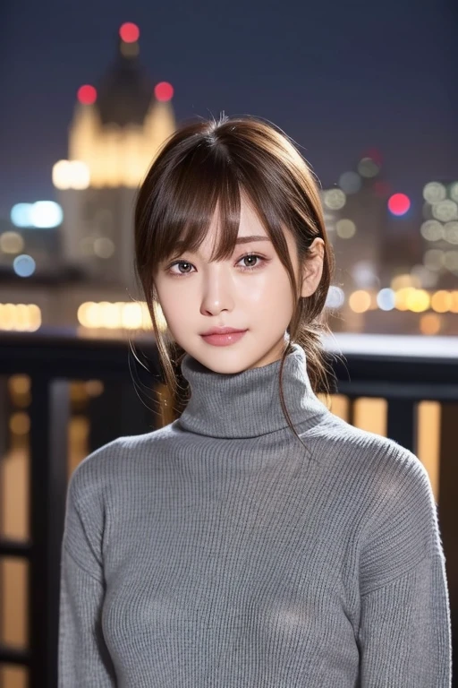 one 19 year old girl, (Dark gray turtleneck thin sweater), Raw photo, highest quality, photorealistic, very delicate and beautiful, very detailed, 8K wallpaper, High resolution, soft light, very detailed目と顔, beautifully detailed nose, detailed and beautiful eyes, cinematic lighting, night city lights, perfect anatomy, slender body, well-shaped chest, straight hair, smile, asymmetrical bangs, light brown hair