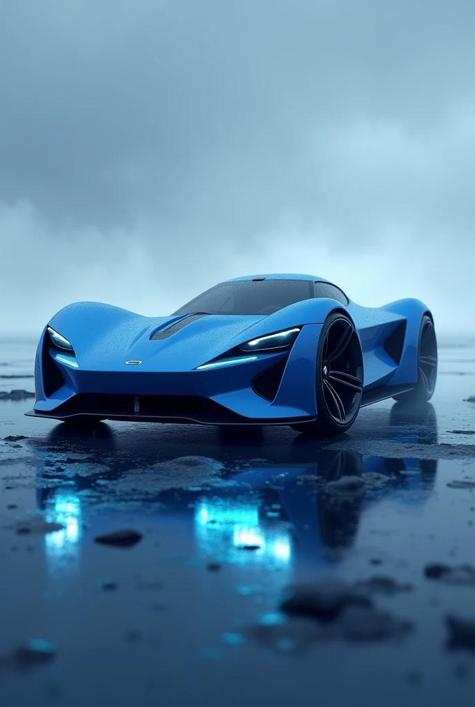 a detailed modern blue sports car with 3 wheels, futuristic design, sleek aerodynamic body, intricate technical details, glowing lights, floating above the ground, cinematic lighting, cinematic angle, volumetric fog, photorealistic, 8k, high resolution, hyper detailed, seamless, trending on artstation
