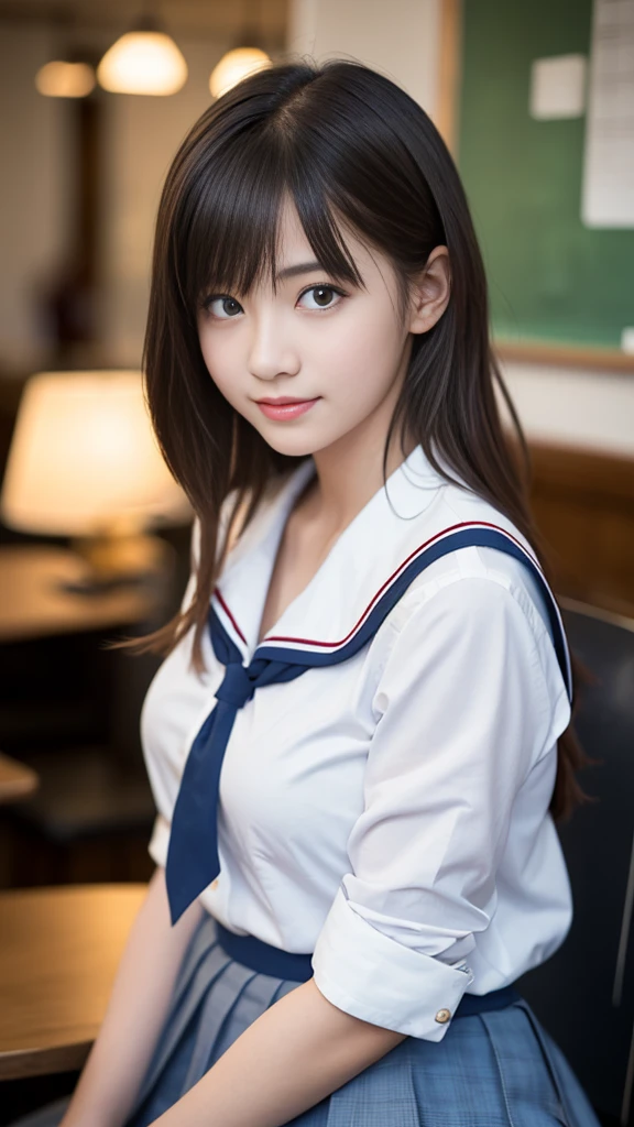 8k, Highest quality, The real picture, Intricate details, Very detailed, Ultra-high resolution, Depth Field,(Realistic,Realistic:1.2),Tabletop , Front shot , Shot in a fashionable café , girl, とても美しい16歳のgirl, Innocent double eyelids, Small breasts、(Very detailed目:1.2)、Bangledium Shorthair, Perfect Skin, Fair skin, Schoolの廊下, A slight blush, Eyes on friends, A big smile, ((School_uniform),(Sailor suit), (White shirt、Wear a ribbon), (Grey pleated skirt), (Sculptural installation :1.1), Schoolの教室,High school girls enjoying chatting