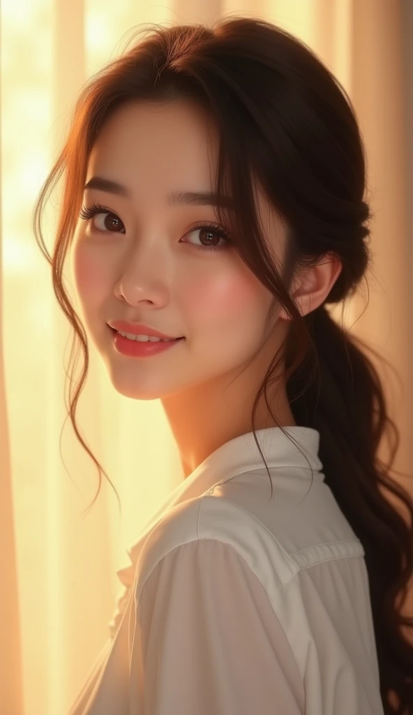 Official Art, wallpaper, Very detailed, (((Very detailedな目と顔))), Realistic portraits, (Highest quality, masterpiece, High resolution), (High resolutionスキン: 1.2), 8K Ultra HD, Backlight, Background Blur, smile, One Woman, a woman in a white shirt, Beautiful woman, Attractive beautiful face, Beautiful face and perfect skin, Diffused, Natural skin glow, Attractive and beautiful, Enveloped in golden light, Gorgeous and attractive, Soft Golden Hour Lighting, natural beauty expressive pose, Soft golden light, Attractive girl, Golden Background, Dynamic Angle