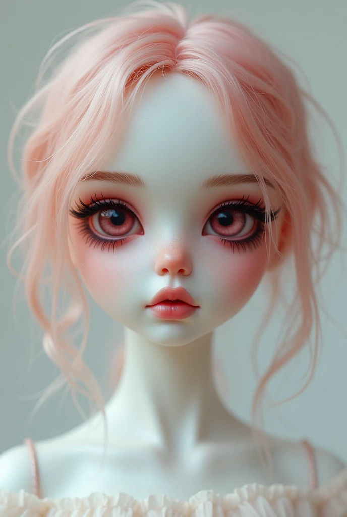 Pink eyes, White skin, Red lips, The round, red eyes of a doll, Long eyelashes, Light pink, silky hair,naked, big tits
