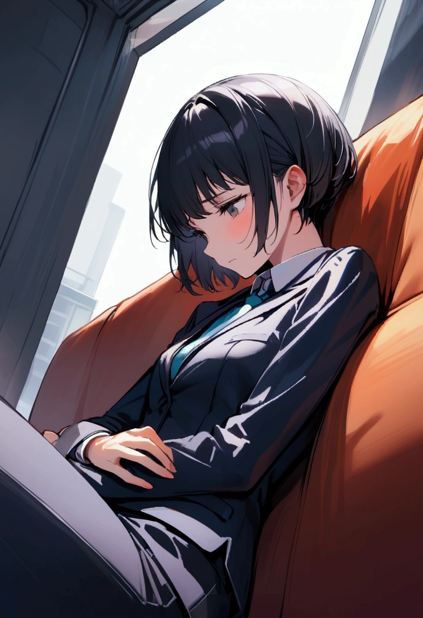 slender,a young girl,pixie cut,black hair,suit,sad, Leaning Back on sofa