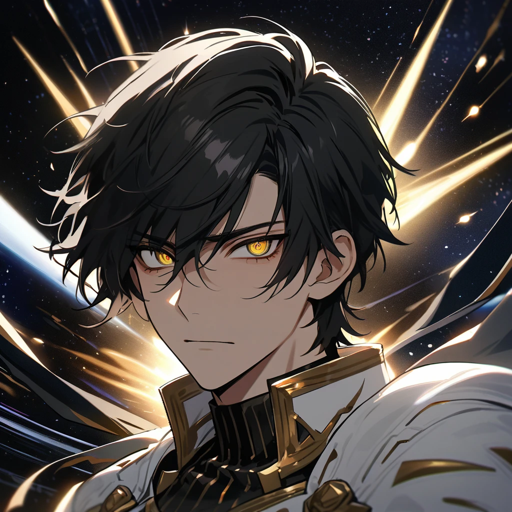 High quality, HD, 4k, no shadows, handsome male, handsome, 1male, 18 years old, 18yo, short black hair, dark hair, black hair, jet black hair, sharp eyes, deep golden colored eyes, dark gold colored eyes, deep gold eyes, gold eyes, devil may cry, close up, calm expression, stoic expression, black leather clothes, white leather clothing, lean and muscular body, well trained body, upper body, looking at viewer, cowboy shot, white solar, space background