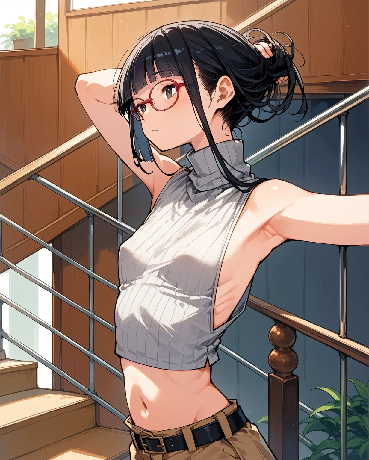 Revealing clothing,Focus on your audience,Naughty,The sides of the upper body are completely exposed,側面が完全に空いているデザインのSleeveless turtleneck,Exposed from the flank to the chest,Protruding ribs,Exposed waistline,Super low rise,Not wearing an inner layer、胸元が開いたデザインのSleeveless turtleneck,Exposed chest、Exposed flanks,sexy,Flat Chest,Focus on your audience,Very thin body,Anime Style,Slim figure,delicate,Glasses,Asian woman wearing a grey top posing on the stairs, Sleeveless turtleneck_Baggy, 脇が完全に開いているSleeveless turtleneck_Relaxed back design,rib cage,Side bust,Shoulders are wide open,sexyなWearing a crop top, Photo of slim girl model, Chiho, T-Top, shikamimi, Wearing a crop top, Real life anime girls, Kurohime cut hair, Chassis, 2 4-year-old female model
