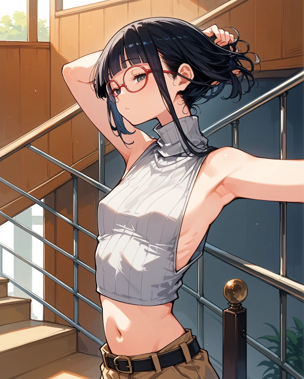 Revealing clothing,Focus on your audience,Naughty,The sides of the upper body are completely exposed,側面が完全に空いているデザインのSleeveless turtleneck,Exposed from the flank to the chest,Protruding ribs,Exposed waistline,Super low rise,Not wearing an inner layer、胸元が開いたデザインのSleeveless turtleneck,Exposed chest､Exposed flanks,sexy,Flat Chest,Focus on your audience,Very thin body,Anime Style,Slim figure,delicate,Glasses,Asian woman wearing a grey top posing on the stairs, Sleeveless turtleneck_Baggy, 脇が完全に開いているSleeveless turtleneck_Relaxed back design,rib cage,Side bust,Shoulders are wide open,sexyなWearing a crop top, Photo of slim girl model, Chiho, T-Top, shikamimi, Wearing a crop top, Real life anime girls, Kurohime cut hair, Chassis, 2 4-year-old female model