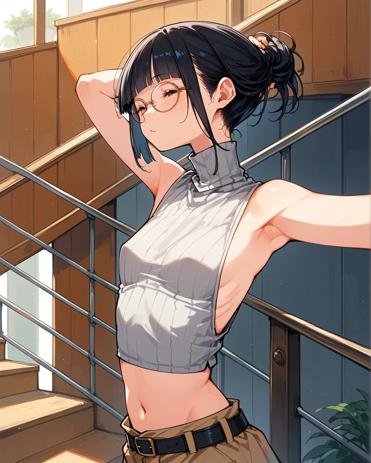 Revealing clothing,Focus on your audience,Naughty,The sides of the upper body are completely exposed,側面が完全に空いているデザインのSleeveless turtleneck,Exposed from the flank to the chest,Protruding ribs,Exposed waistline,Super low rise,Not wearing an inner layer、胸元が開いたデザインのSleeveless turtleneck,Exposed chest、Exposed flanks,sexy,Flat Chest,Focus on your audience,Very thin body,Anime Style,Slim figure,delicate,Glasses,Asian woman wearing a grey top posing on the stairs, Sleeveless turtleneck_Baggy, 脇が完全に開いているSleeveless turtleneck_Relaxed back design,rib cage,Side bust,Shoulders are wide open,sexyなWearing a crop top, Photo of slim girl model, Chiho, T-Top, shikamimi, Wearing a crop top, Real life anime girls, Kurohime cut hair, Chassis, 2 4-year-old female model