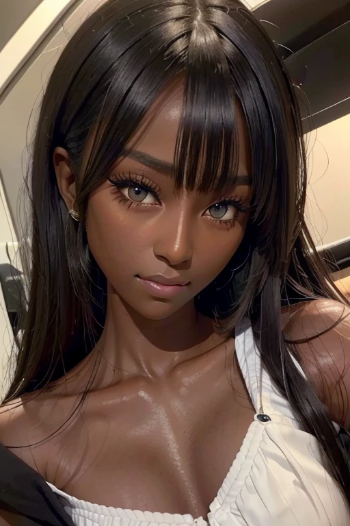 best quality, masterpiece, highres, (detailed:1.4), 1 girl, blonde hair, (dark skin:1.8), extremally thin eyebrows , thick bluish eyeshadow, thick black eyeliner, Highlighted eyes with eyeliner, false eyelashes