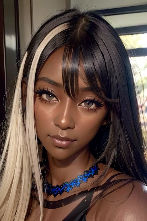 best quality, masterpiece, highres, (detailed:1.4), 1 girl, blonde hair, (dark skin:1.8), extremally thin eyebrows , thick bluish eyeshadow, thick black eyeliner, Highlighted eyes with eyeliner, false eyelashes