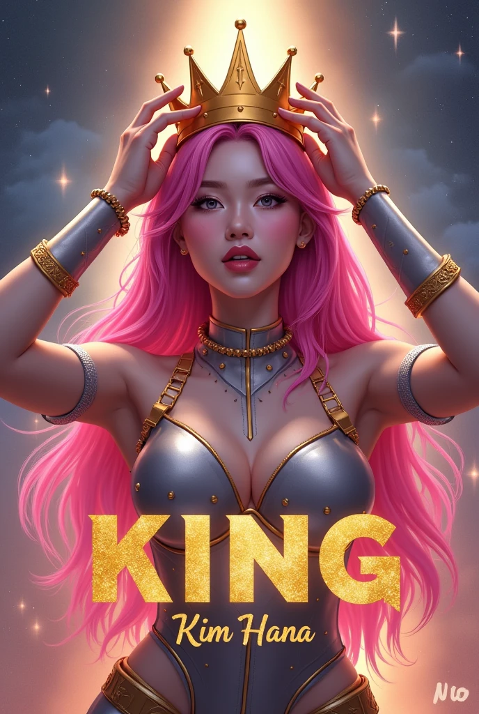 "KING" by Kim Hana introduces the Korean artist, with pink hair highlighted on a dramatic, bright background. She wears an elegant dress or modern armor, reflecting empowerment and royalty and is placing a golden crown on his head. The title "KING" is displayed in a bold, gold font with a glitter effect, while the name "Kim Hana" is in an elegant, cursive font. Subtle details like stars and twinkling lights add a touch of glamour