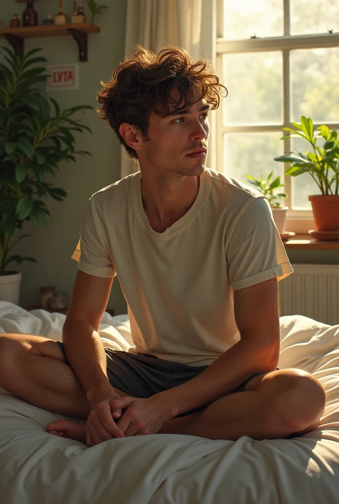 (photorealism:1.2), Tom Holland, sitting on bed, wearing clack t-shirt, short brown hair, indoors, soft lighting, plants in background, window with sunlight, cozy room, relaxed pose, realistic, intricate details, warm colors, by Greg Rutkowski, by Alphonse Mucha