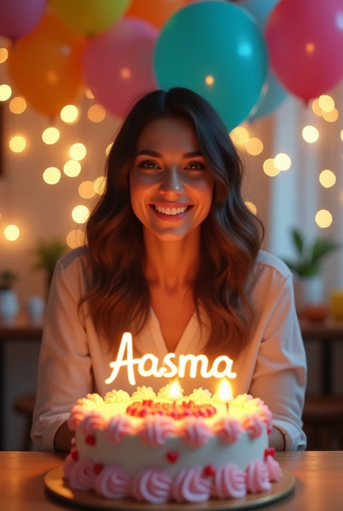 Birthday women
with cake name on Cake Aasma
background Balloons and birthday lights