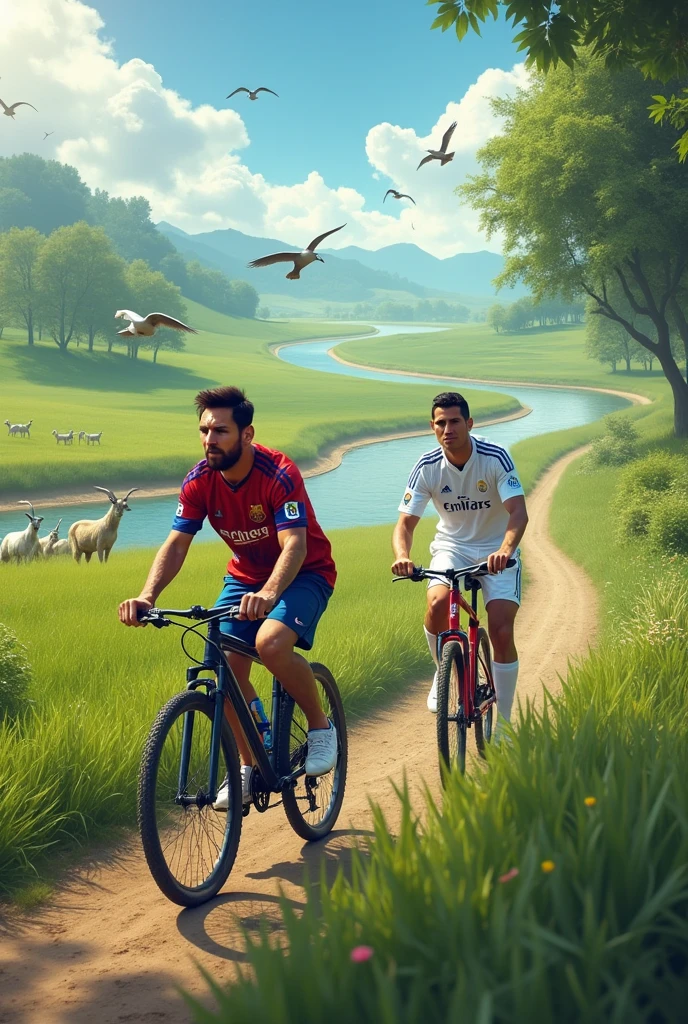 Lionel Messi and Cristiano Ronaldo riding bicycles in a paradise full of goats, waters, etc. but it is noticeable that it is them, but Ronaldo with the Real Madrid shirt, but the water is a river and they are crossing a river and the goats in the field from a distance can be seen with birds, etc.
