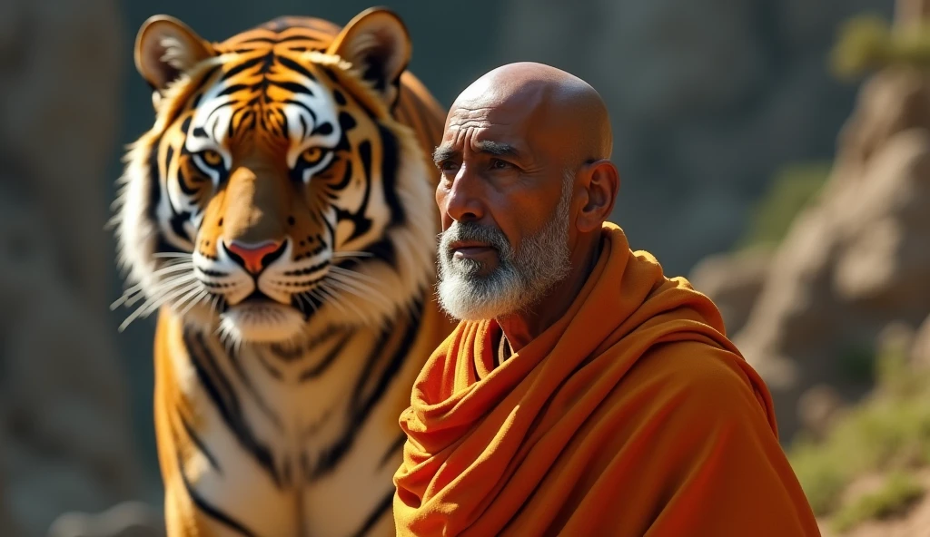 A clean bald head,round face man,wearing kesari shall,standing front of tiger,looking forward
