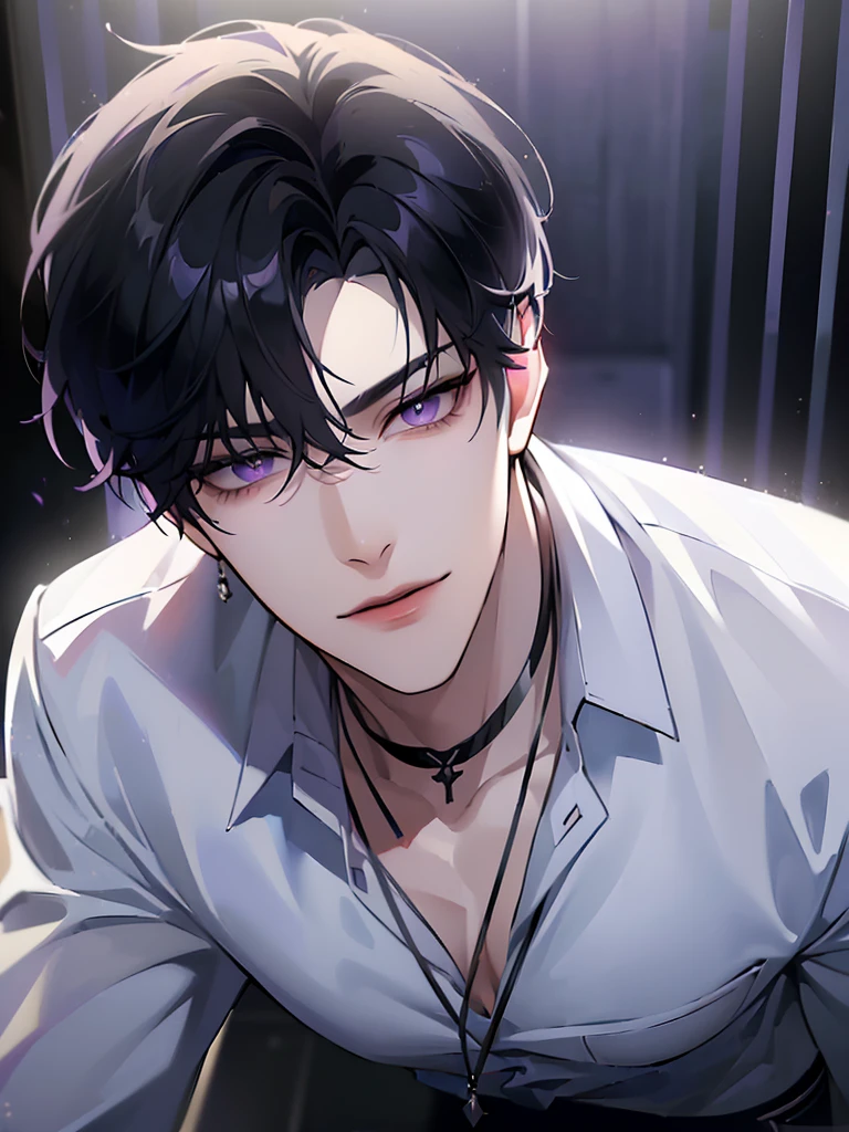 (masterpiece, 8k, high quality, best quality:1.6), 1boy, solo, short hair, black hair, asymmetrical fringe, purple eyes, handsome, sharp eyes, (mature male, mature:1.2), male focus, fashionable, tucked in open white collared shirt, gray pants, necklace, close up, smile, long eyelashes, soft shadows, perfect anatomy, hand touching viewer 