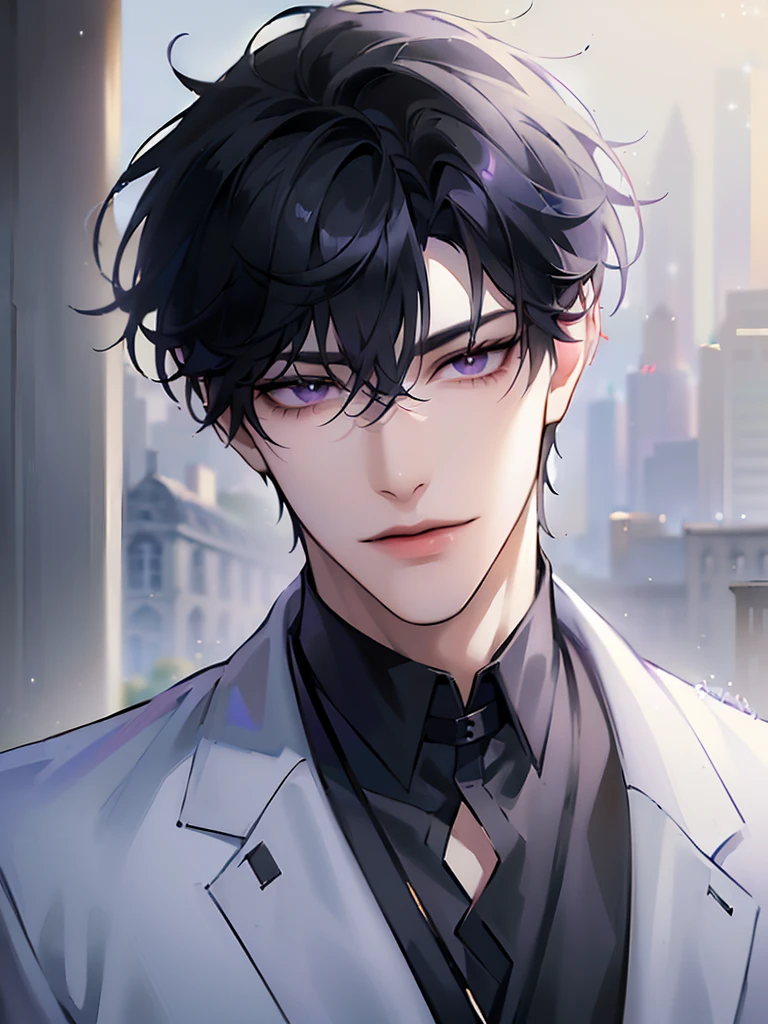 (masterpiece, 8k, high quality, best quality:1.6), 1boy, solo, short hair, black hair, asymmetrical fringe, purple eyes, handsome, sharp eyes, (mature male, mature:1.2), male focus, fashionable, tucked in open white collared shirt, gray pants, necklace, close up, smile, long eyelashes, soft shadows, perfect anatomy, hand touching viewer