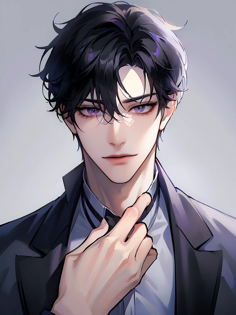 (masterpiece, 8k, high quality, best quality:1.6), 1boy, solo, short hair, black hair, asymmetrical fringe, purple eyes, handsome, sharp eyes, (mature male, mature:1.2), male focus, fashionable, tucked in open white collared shirt, gray pants, necklace, close up, smile, long eyelashes, soft shadows, perfect anatomy, hand touching viewer 