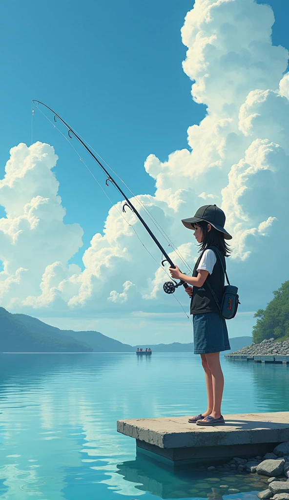pale colour,((Amazingly absurd)),超High resolution, Attention to detail, high quality, High resolution, 最high quality, 4K, 8k, artwork,3 Darts,Summer breakwater、Girl Fishing、Black vest、cap、fishing rod