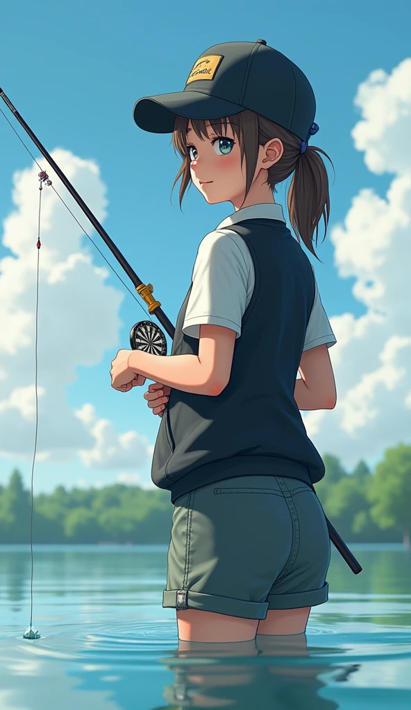 pale colour,((Amazingly absurd)),超High resolution, Attention to detail, high quality, High resolution, 最high quality, 4K, 8k, artwork,3 Darts,Summer breakwater、Girl Fishing、Black vest、cap、fishing rod