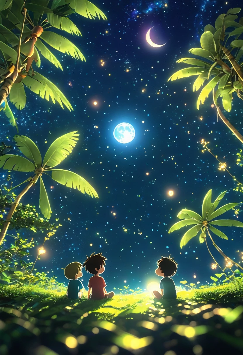 Timmy sitting with his friends, gazing up at a star-filled sky. The 3D anime style should capture the wonder in their eyes as they look at the twinkling stars and the glowing moon. The scene should feel peaceful and beautiful, with the colorful nuances of the jungle still visible in the night.