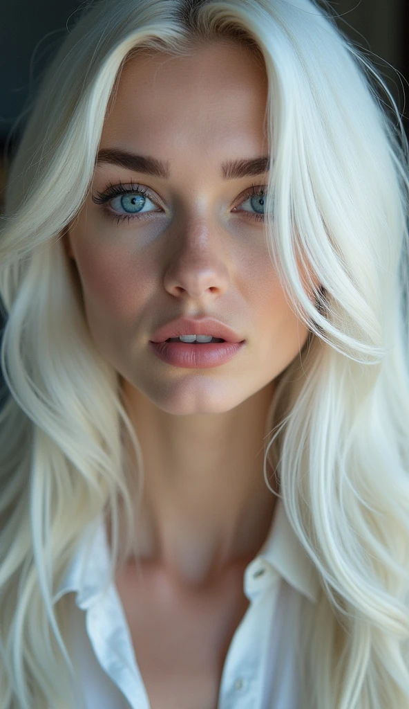 a beautiful white Russian woman, white hair, blue eyes, natural dark brown eyebrows, captivating expression, perfect skin, on market, ((fullbody)), big lips, wet hair, 16k, ultra quality, high definition, cinematic 85mm, far, photography realistic, ultra resolution,