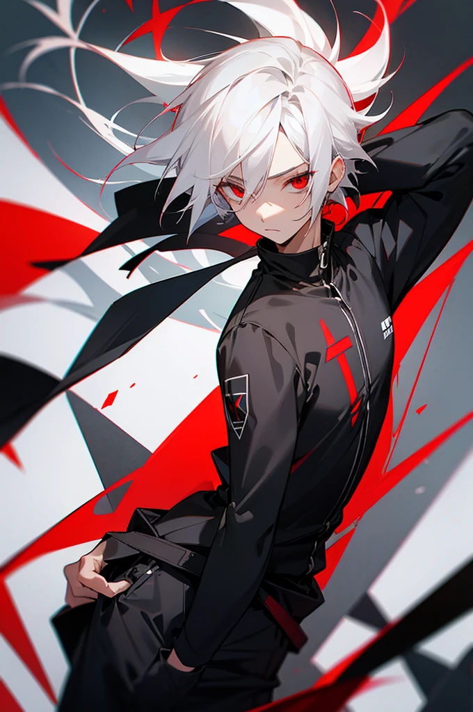 male, young adult, White Hair, Red eyes, Black and gray jumpsuit, SOS Logo.