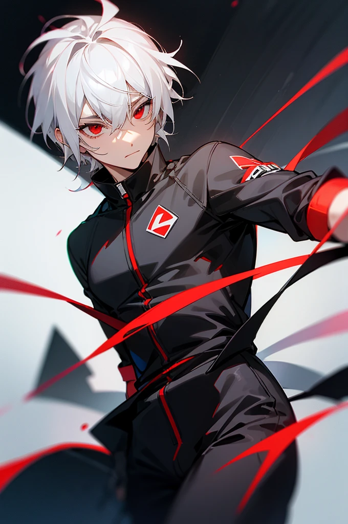 male, adult, White Hair, Red eyes, Black and gray jumpsuit, SOS Logo.