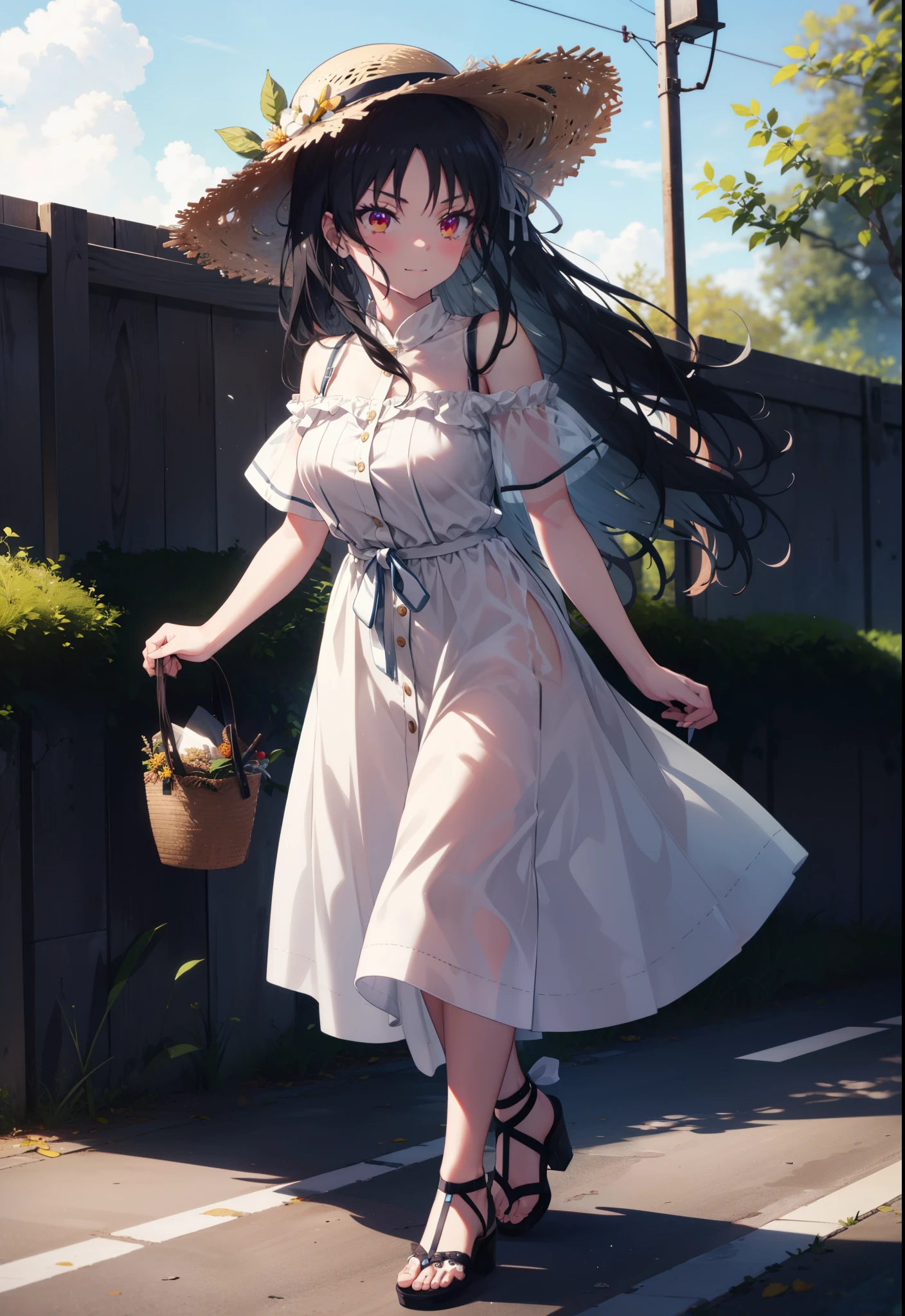 Suzune Horikita, suzune horikita, Long Hair, Black Hair, (Red eyes:1.3), Hair Ribbon, Braiding,blush,smile,Straw hat,Cold Shoulder Shirt,Short sleeve,Long skirt,Cute heeled sandals,Walking,whole bodyがイラストに入るように,
break outdoors, Building district,
break looking at viewer, whole body,
break (masterpiece:1.2), Highest quality, High resolution, unity 8k wallpaper, (figure:0.8), (Beautiful attention to detail:1.6), Highly detailed face, Perfect lighting, Highly detailed CG, (Perfect hands, Perfect Anatomy),