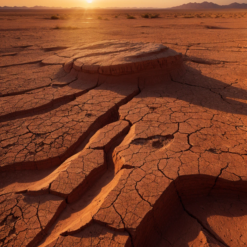Dramatic sunset over cracked earth. Desert landscape background.