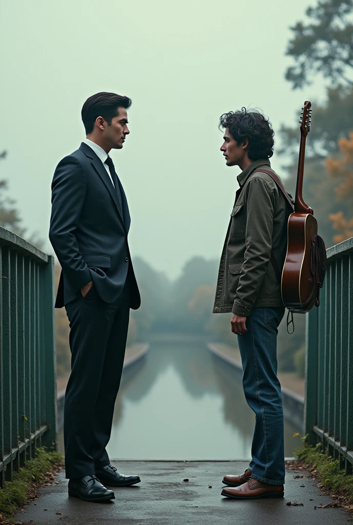 A man in a suit on one side of the bridge and another man with a guitar on his back on the other side of the bridge