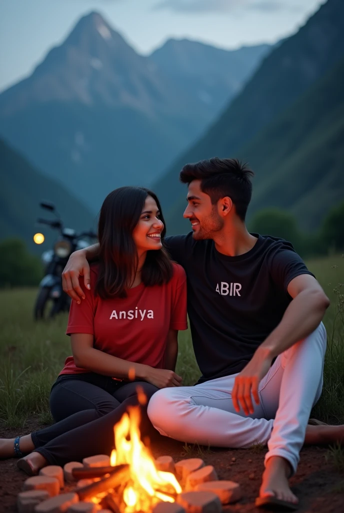 A real 20 year old Cute girl and boy is Sitting by the close camp fire coffee smile, the girl wearing red Top black jeans written name"Ansiya and boy is wearing a black t-shirt, white jeans, a gentle smile, the name ABIR is written on the boy t-shirt, both are clothes clear white text. the background is mountain and KTM bike, softly blurred with colorful lights, suggestive of an night and greenery scene, both are skin fear, they are looking beautiful, 16k HDR quality images.