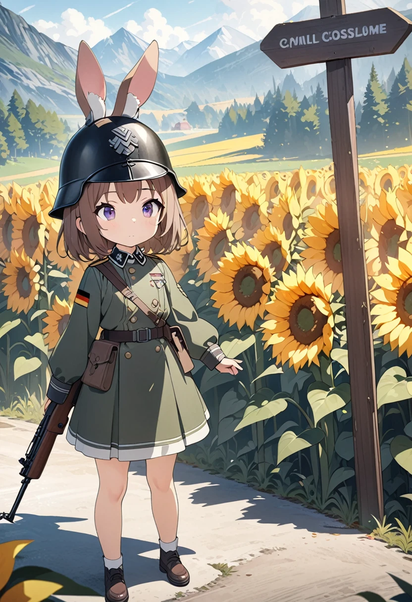 a girl with two heads, messy brown hair, and very pretty eyes, wearing an old German military helmet and uniform, holding a detailed rifle, standing in a sunflower field, looking at a tall signpost at a crossroads, with a white rabbit next to her trying to reach the signpost, highly detailed, masterpiece, best quality, 4k, 8k, ultra-fine painting, CG animation illustration, vivid colors