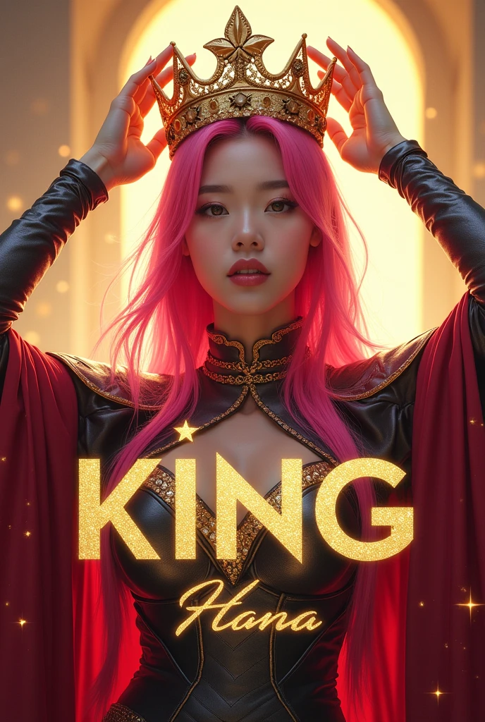 "KING" by Kim Hana introduces the Korean artist, with pink hair highlighted on a dramatic, bright background. She wears an elegant dress or modern armor, reflecting empowerment and royalty and is placing a golden crown on his head. The title "KING" is displayed in a bold, gold font with a glitter effect, while the name "Kim Hana" is in an elegant, cursive font. Subtle details like stars and twinkling lights add a touch of glamour
