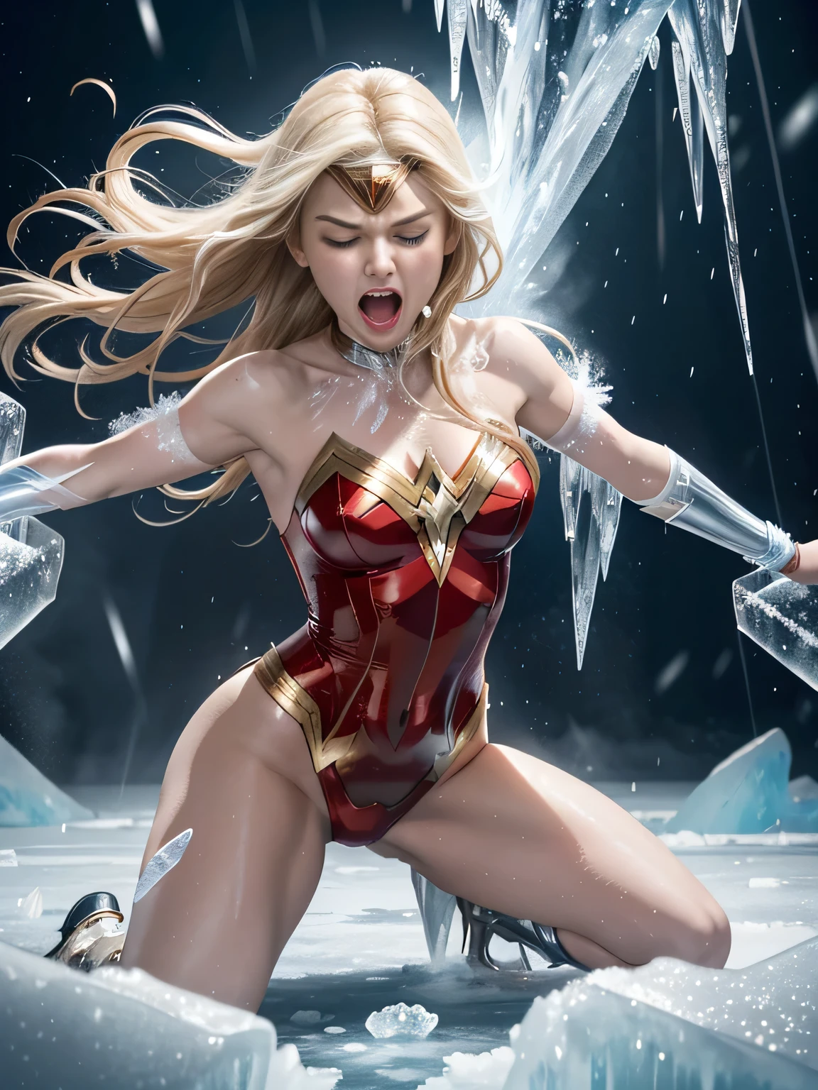 wonderwoman, long long gorgeous shining blonde hair, slender body, latex, leotard, red costume, enveloped cold storm, white cold air, (in frying many ice bullets), trapped in ice, (she is frozen in ice), ice cube is covering her, body frozen, limbs frozen, hair frozen, all over frozen, intense blizzard space distorted, cruelly, (painful), helpless, (screaming in pain), (screaming in ice prison), eyes closed, gritting teeth, suffering, (lying face up), spreading hands, lifting feet off the ground, being blow through the air, ((ice rain hiting her hard)), seen many ice explosion, explosion hitting her, in land of ice