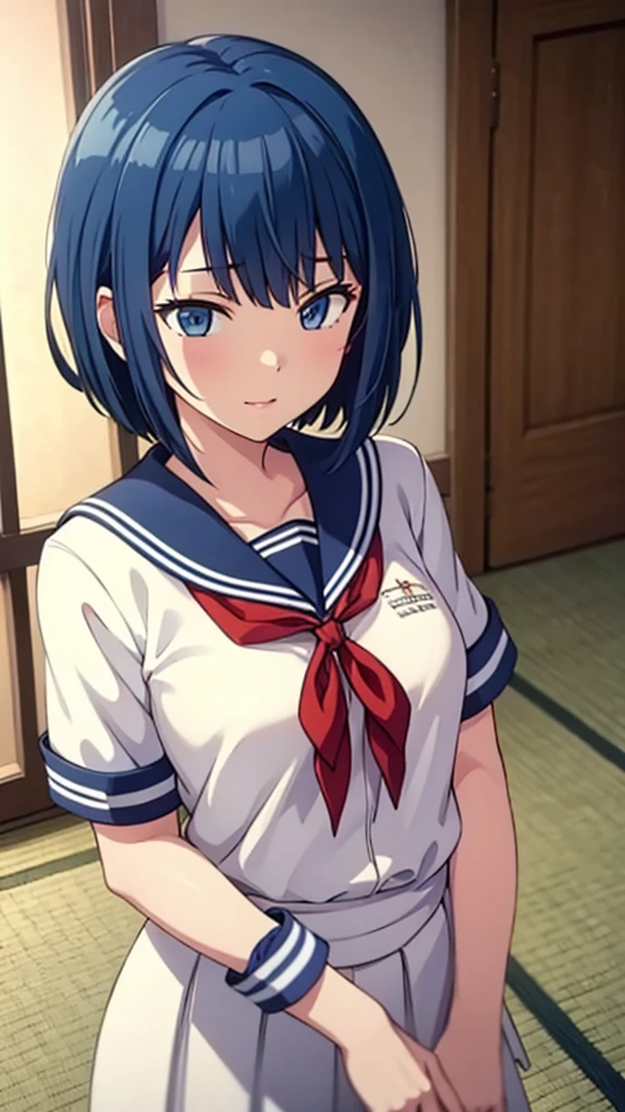 ((masterpiece, Highest quality, Very detailed, Very nice 8K CG wallpaper)), , A little thick, Medium Hair, Blue Hair, short hair, blue eyes,judo player、Sailor style uniforms、Large bust、Sailor suit、mini skirt、judo、Cute expression、Inside the judo Gymnasium、、On the tatami、discovery、One Girl、whole body、rest、Haruka Kiritani、Bust Size C Cup