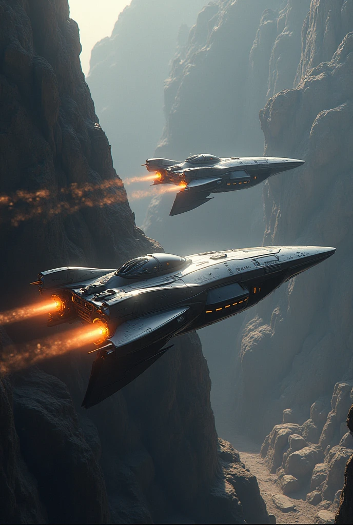 Two spaceships flying over a cliff