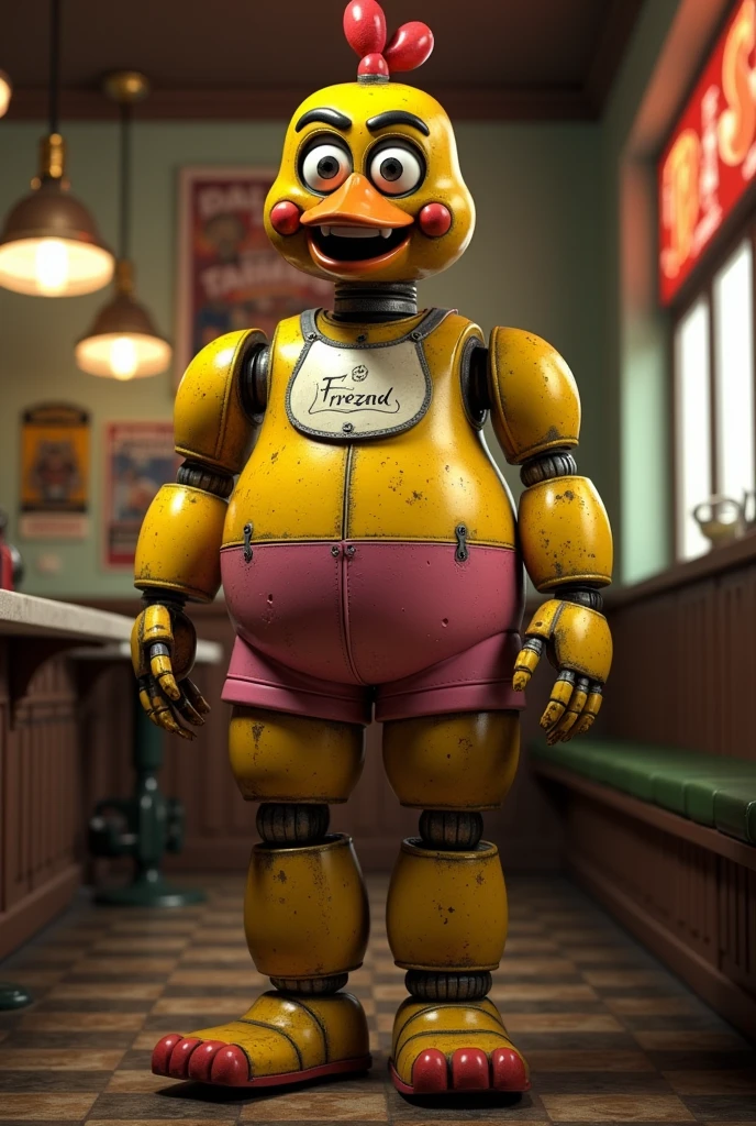 Chica from Five Nights at Freddy's, ((insanely big thighs)), ((fat rolls)), ((gigantic hips)), massive lower body, (thighs several times wider than body), thighs occupy lower half of frame, ((massive thighs)), ((ssbbw)), ((obese)), ((morbidly obese)), plain pink panties, grin, party room background, scary, ominous lighting, (((butt))), ((((widest possible thighs))))