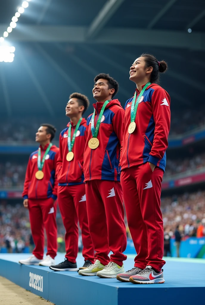 Chinese women's volleyball team,Fair skin,The facial features are delicate,Beautiful sexy face,(Korean plastic surgery face),Olympic final champion,The whole team on the podium,Receive the gold medal,Olympic Games background