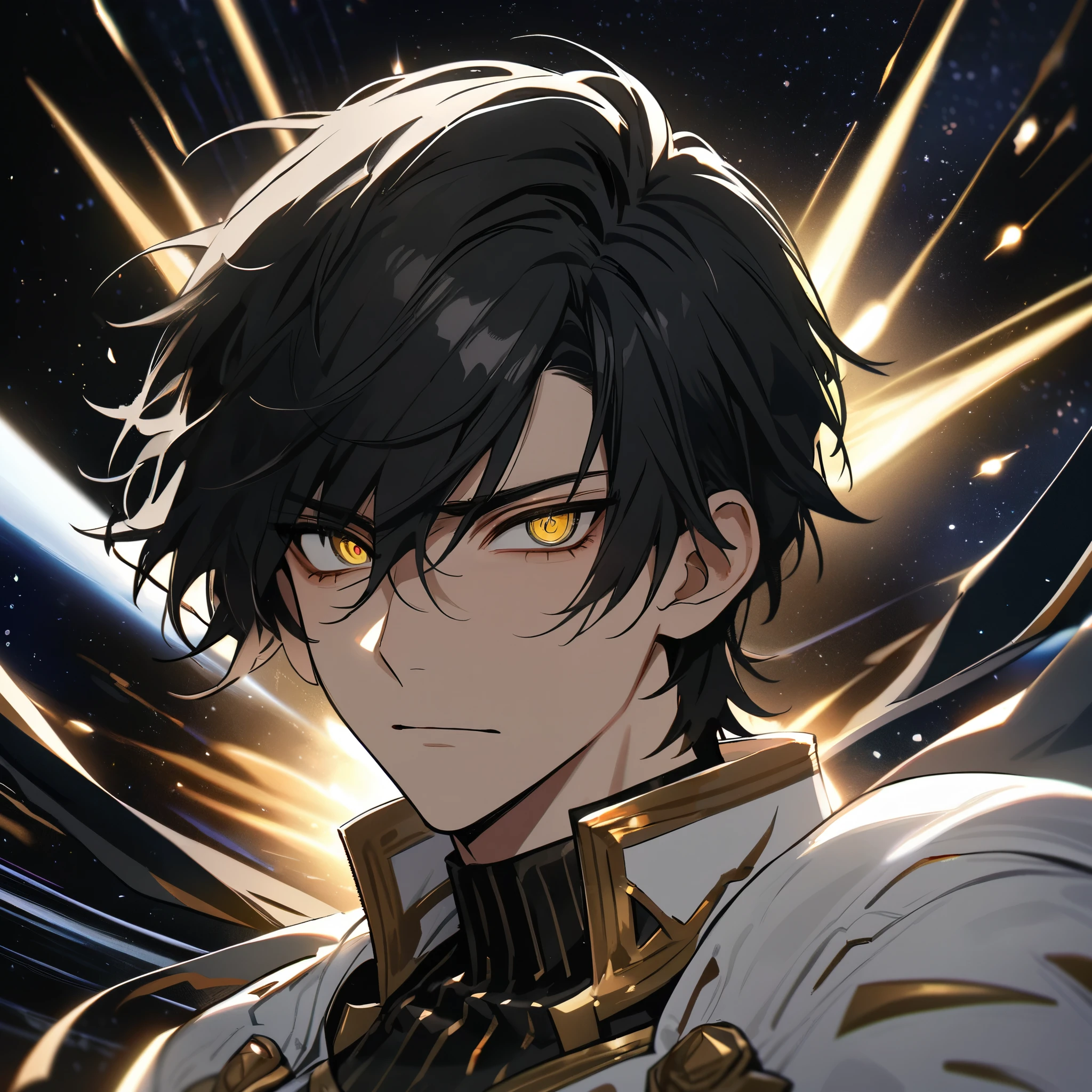 High quality, HD, 4k, no shadows, handsome male, handsome, 1male, 18 years old, 18yo, short black hair, dark hair, black hair, jet black hair, sharp eyes, deep golden colored eyes, dark gold colored eyes, deep gold eyes, gold eyes, devil may cry, close up, calm expression, stoic expression, black leather clothes, white leather clothing, lean and muscular body, well trained body, upper body, looking at viewer, cowboy shot, white solar, space background