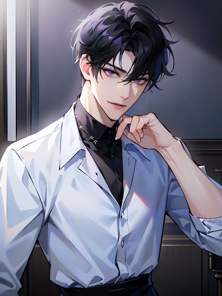 (masterpiece, 8k, high quality, best quality:1.6), 1boy, solo, short hair, black hair, asymmetrical fringe, purple eyes, handsome, sharp eyes, (mature male, mature:1.2), male focus, fashionable, tucked in open white collared shirt, gray pants, necklace, close up, smile, long eyelashes, soft shadows, perfect anatomy, hand touching camera