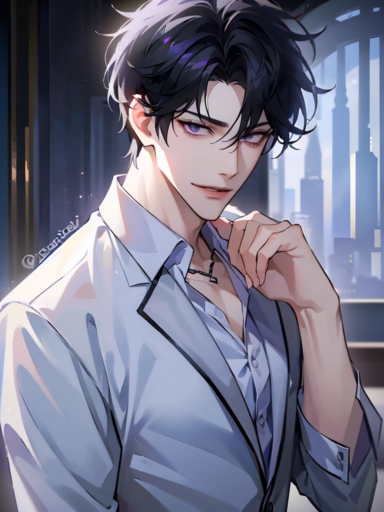(masterpiece, 8k, high quality, best quality:1.6), 1boy, solo, short hair, black hair, asymmetrical fringe, purple eyes, handsome, sharp eyes, (mature male, mature:1.2), male focus, fashionable, tucked in open white collared shirt, gray pants, necklace, close up, smile, long eyelashes, soft shadows, perfect anatomy, hand touching camera