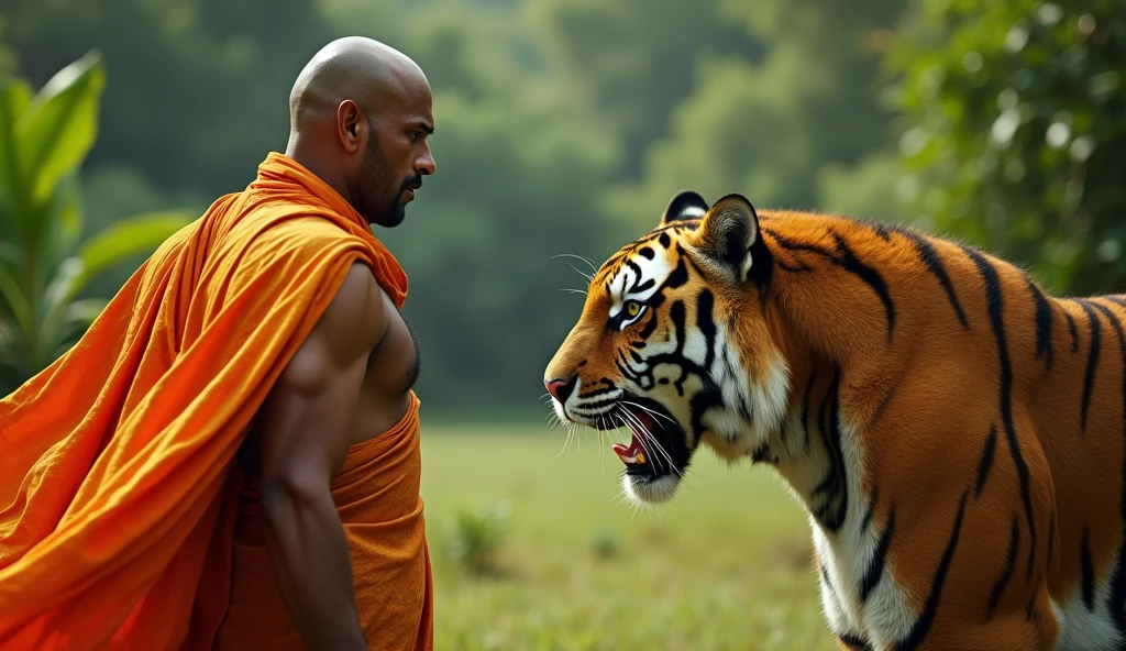 A men clean bald head,round face,no beard wearing kesari shall,standing front of angry tiger,looking forward