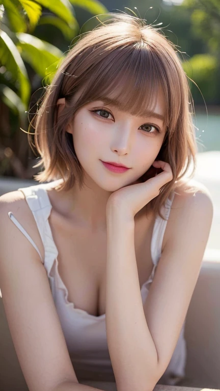 Highest quality, Ultra-high resolution, (Realistic:1.4), One Girl, High nose bridge, short hair, (Outside Bounce), drooping bangs, Flat Chest, smile, (True Face), (24-years-old:1.5), Face Focus,Bronze colored hair