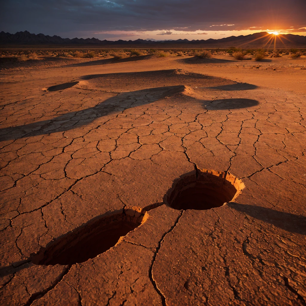 Dramatic sunset over cracked earth. Desert landscape background.
