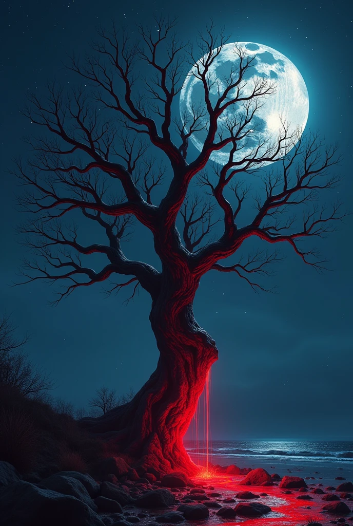 I want a picture of a dry tree, On a night with the moon shining down on it, red rivers pouring down its stem, but explicit