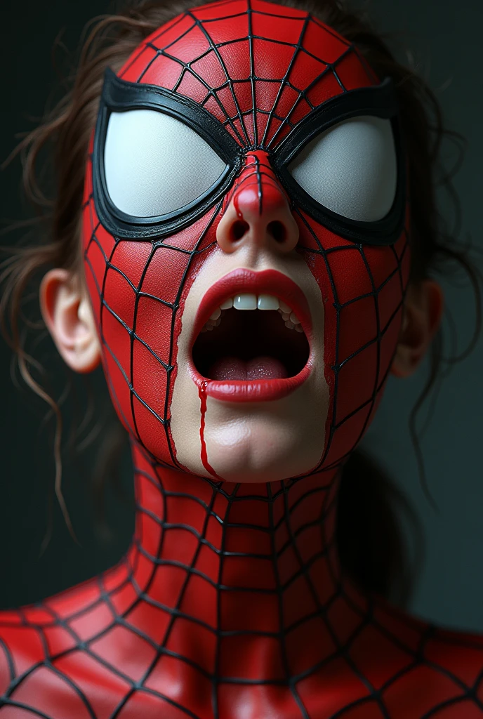 ((best quality)), ((masterpiece)), (detailed), perfect face closeup 
woman with spiderman face bleeding neck 